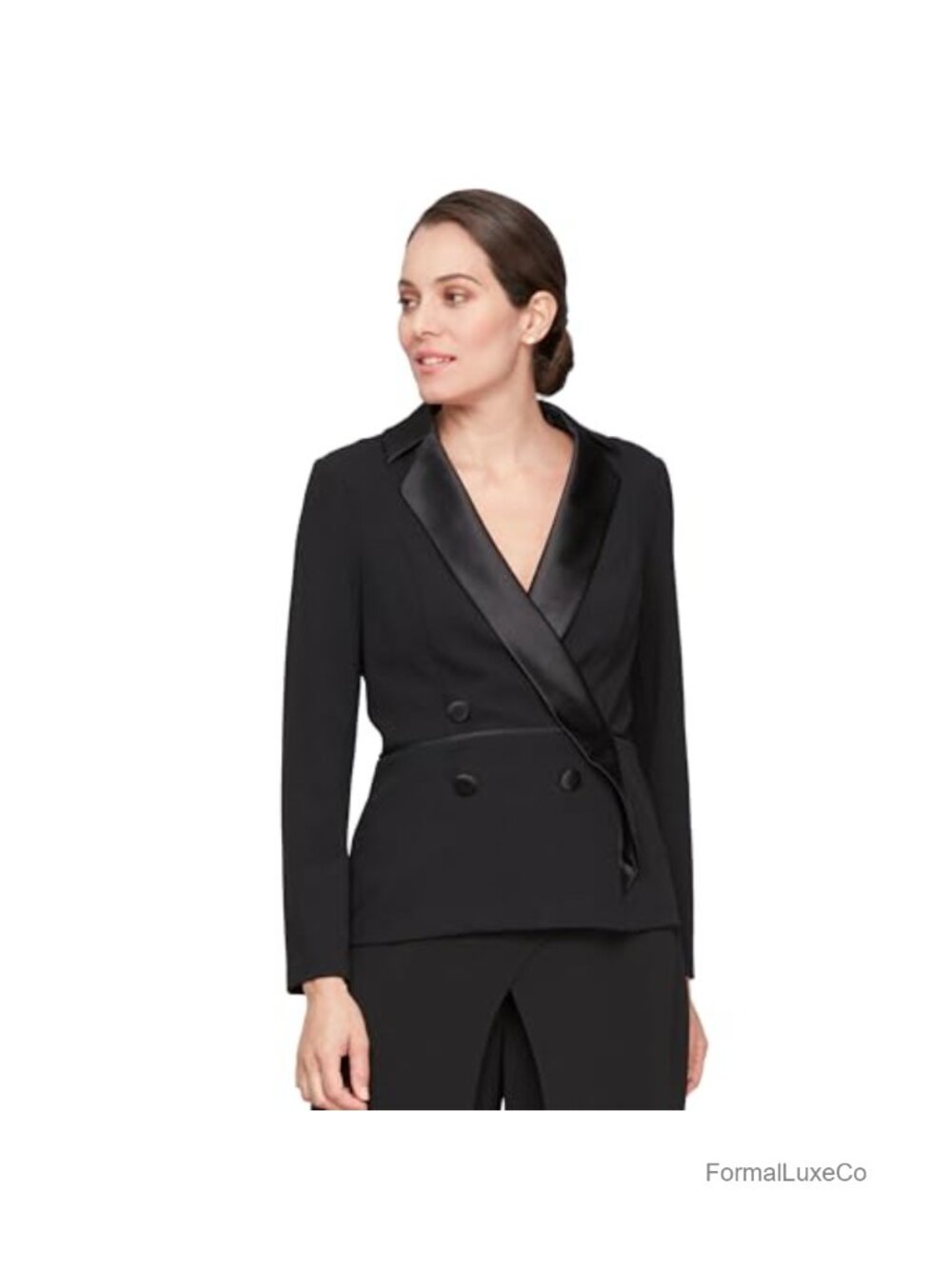 Formal Tuxedo Blouse Satin Collar Tie Waist 3/4 Sleeve